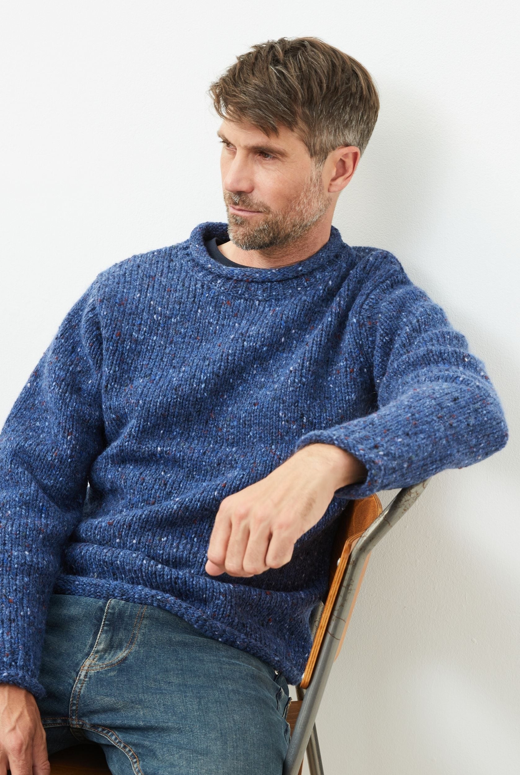 Raheen Tweed Roll Neck Mens Merino Wool Sweater - Denim
