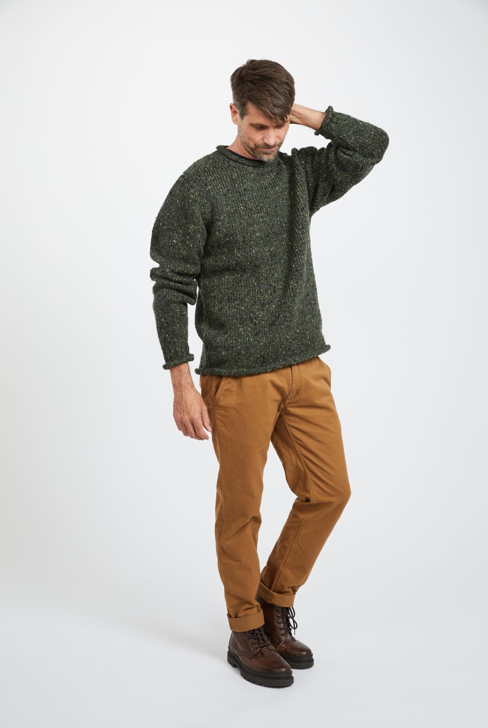 Raheen Tweed Roll Neck Mens Merino Wool Sweater - Green