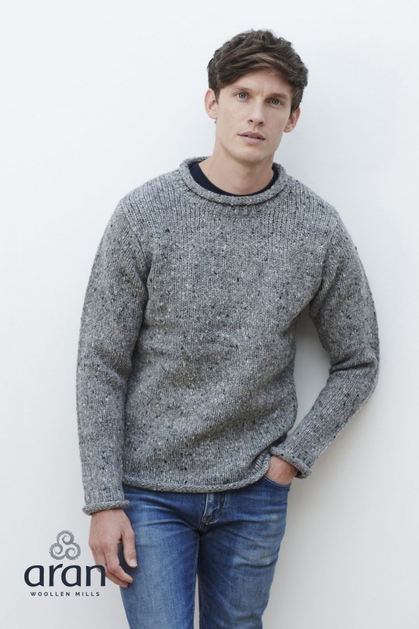 Raheen Tweed Roll Neck Mens Aran Merino Wool Sweater - Light Grey