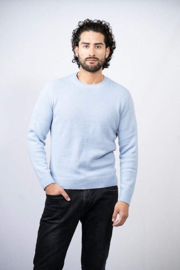 Classic Round Neck Baby Blue Alpaca Sweater