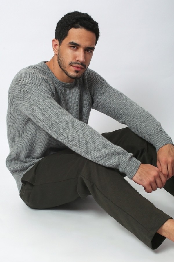Merino Wool Raglan Crew Neck Sweater - Mid Gray