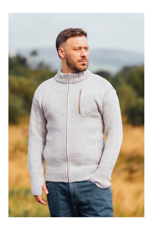 Grampian Undyed Wool Cardigan - Light Grey Welsh