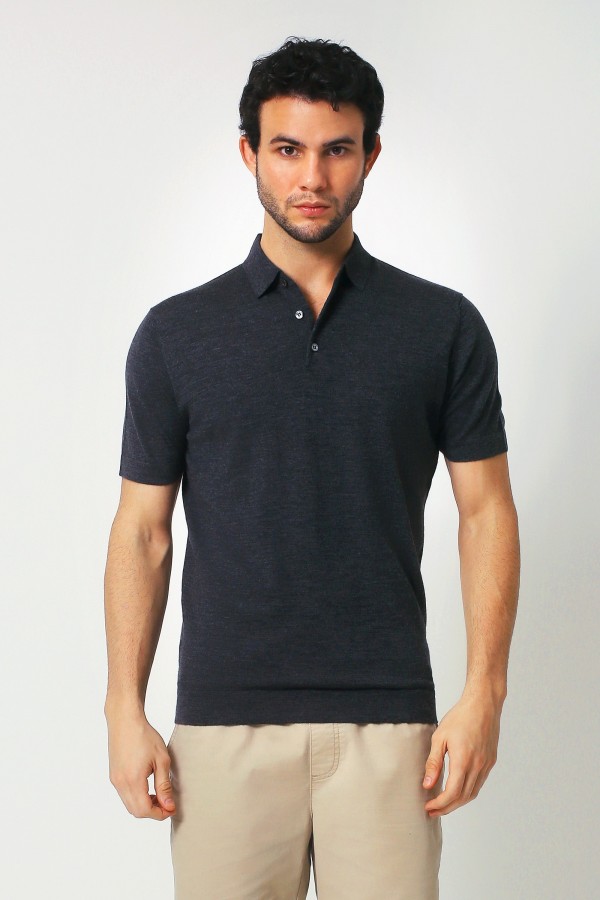 Merino Wool Short Sleeve Polo - Anthracite