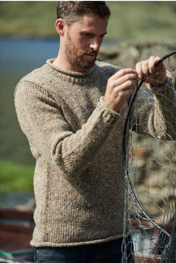 Raheen Tweed Roll Neck Mens Aran Merino Wool Sweater - Oat