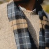 John Hanly Irish Wool Scarf Short Denim Blue Beige Charcoal Plaid 12 x 60”