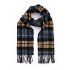 John Hanly Irish Wool Scarf Short Denim Blue Beige Charcoal Plaid 12 x 60”