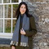 John Hanly Irish Wool Scarf Short Grey Black Herringbone 12 x 60”