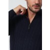 Merino Wool Quarter Zip Cable Knit Sweater - Navy